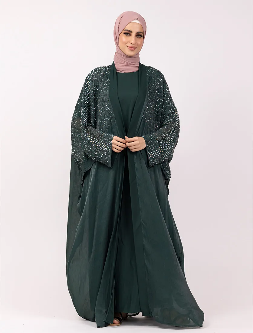 Green Sparkle Crystal Embellished Sheer Overlay Abaya